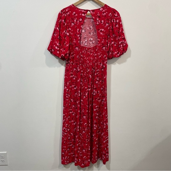 Old Navy Cut Out Back Floral Summer Red Puff Sleeves Crew Neck Midi Dress Size M - Picture 4 of 10
